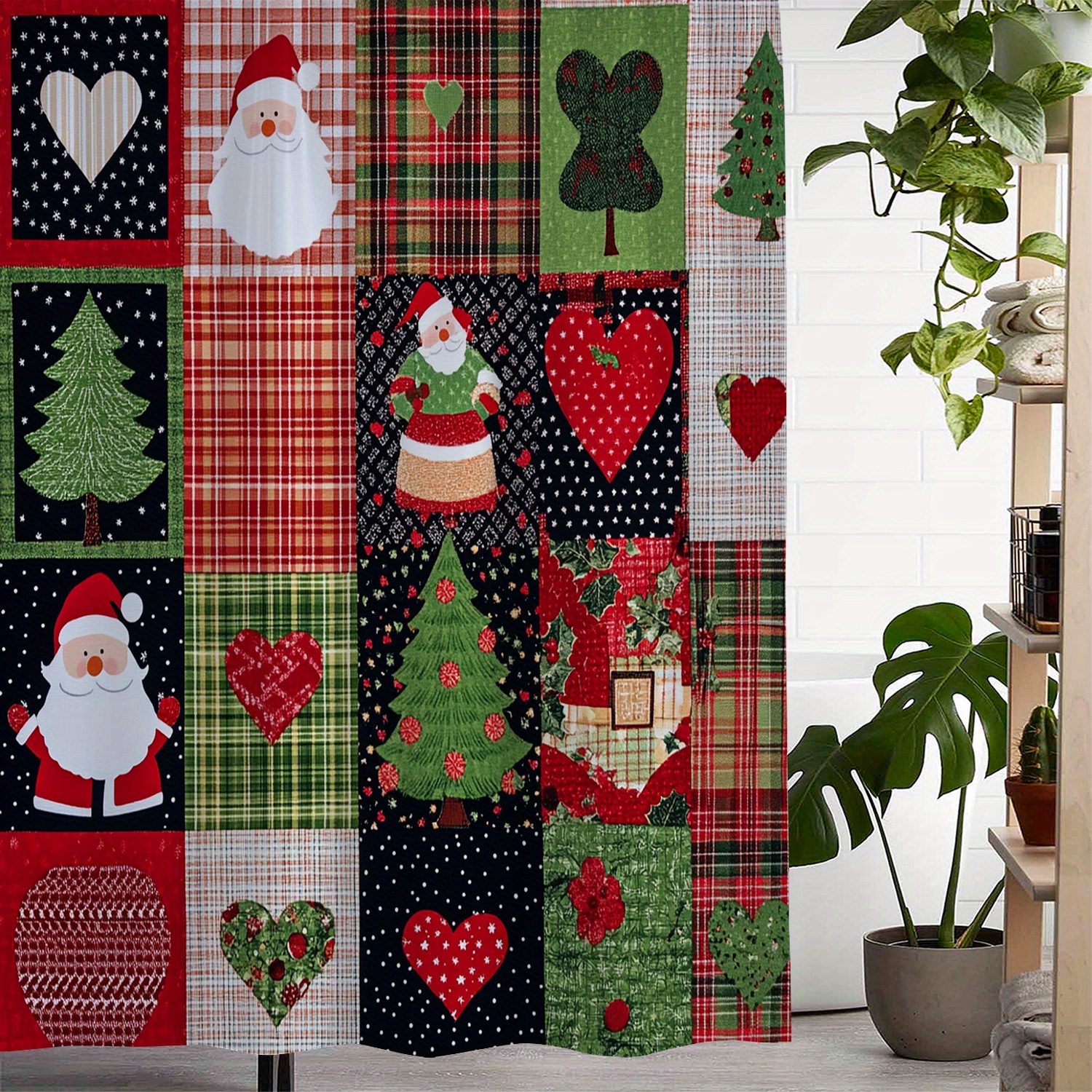 

1 Piece Spliced Santa Claus Christmas Tree Love Christmas Shower Curtain Waterproof Curtain With 12 Hooks Curtain For Windows