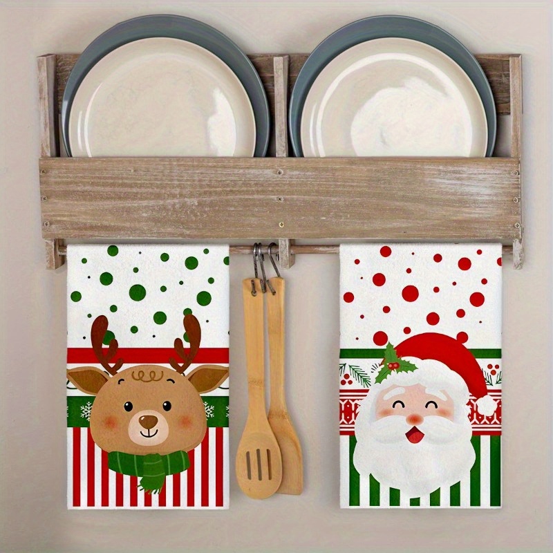 

2pcs Christmas Kitchen Towels - Santa & Reindeer Design, Polyester, Machine Washable, Modern Vintage Style For Decor