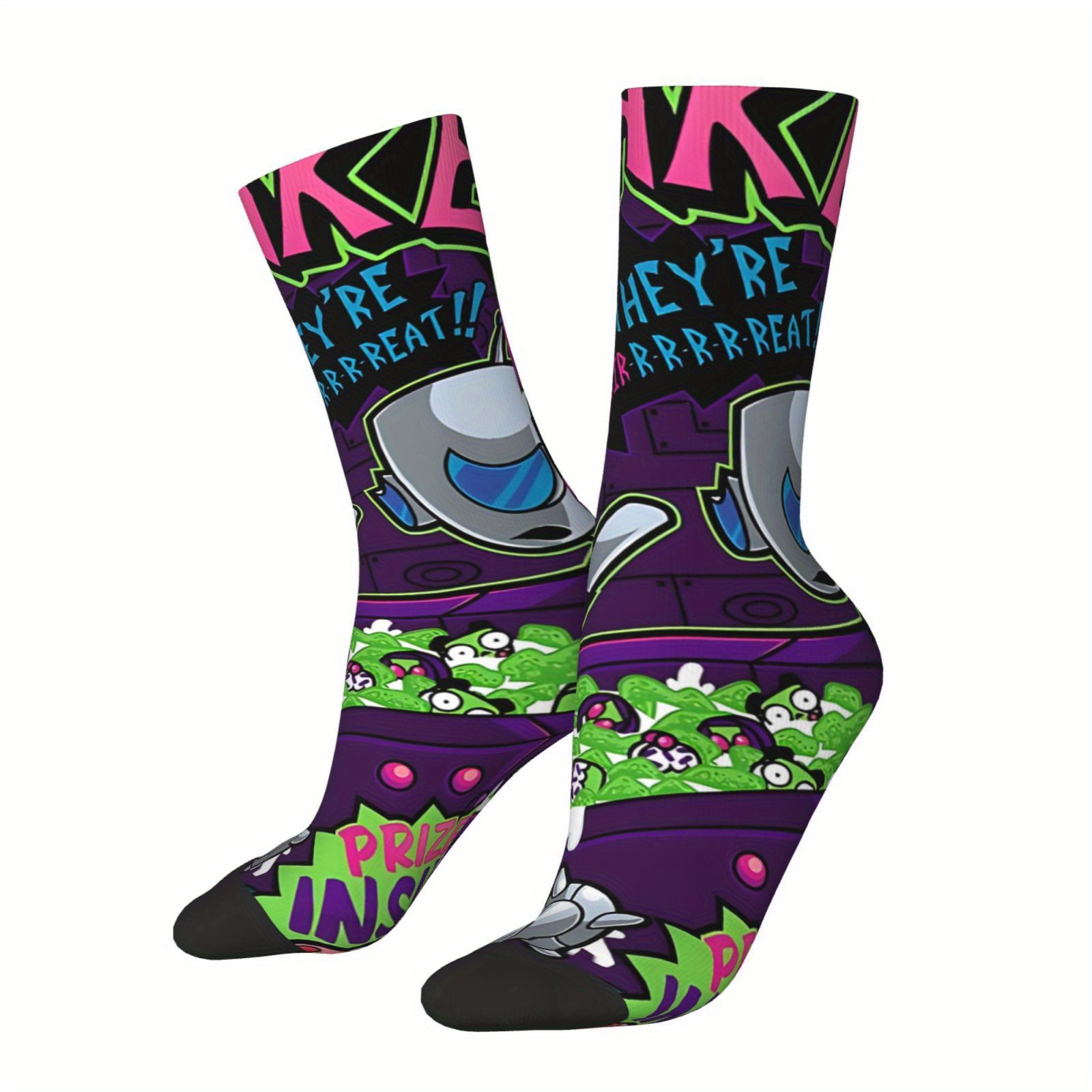 

1 Pair Men's Novelty Crew Socks With Vibrant & Print - 95% Polyester, 5% Elastane Knit Fabric - Hip Hop Style - Random Pattern - Hand Wash Recommended