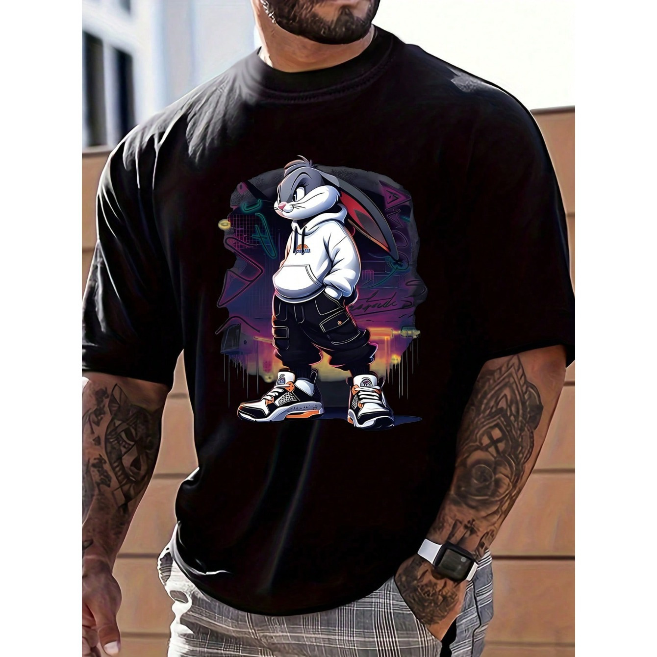 

Men' Domineering Rabbit Print Round Neck Short Sleeve Daily Casual Popular T-shirt