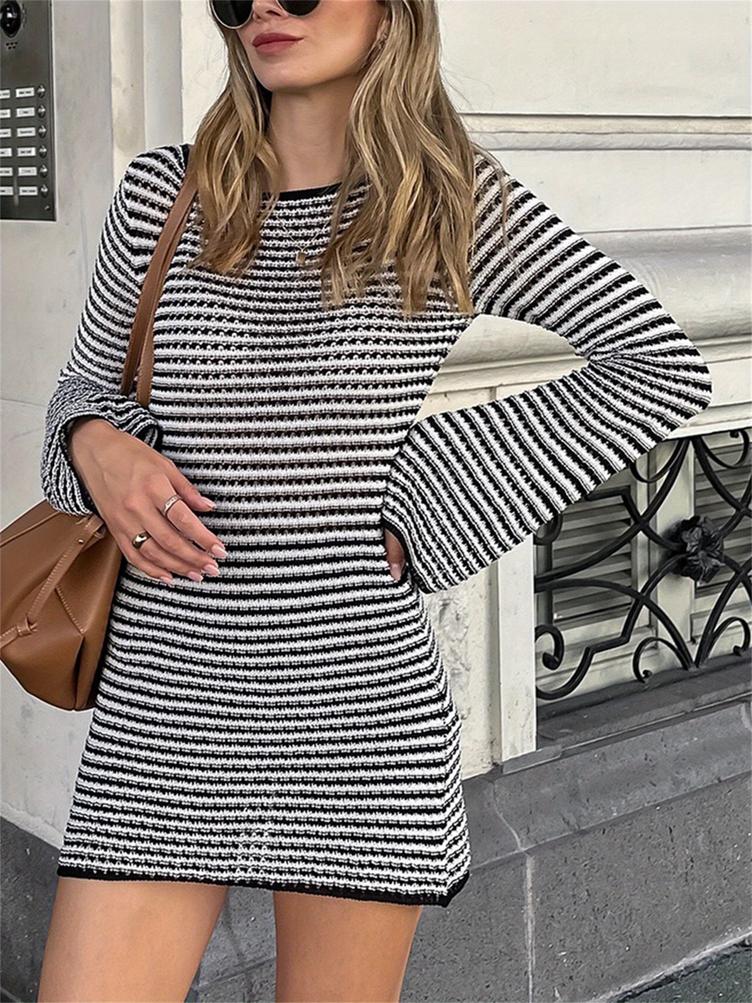 womens striped knit dress long sleeve round neck bodycon - Temu