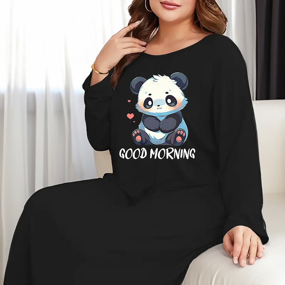 

Wear, Women's Casual Nightdress, Plus Size Cute & Letter Print Long Sleeve Round Neck Tee Sleep Dress