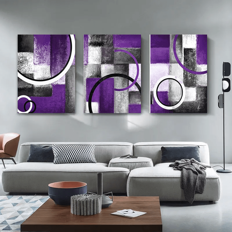 

Wrapped Canvas 3pcs Abstract Geometric Canvas Wall Art Set In Purple And Grey- Rustic Prints For Home Decor, Back To School, Christmas, Weddings, New Year, Birthdays- .8x15.7 Inches