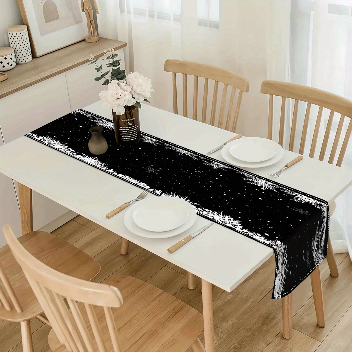 

Woven Linen Table Runner - 1pc 100% Linen Rectangular Table Decoration With Black Christmas Pattern For Dining & Party Decor