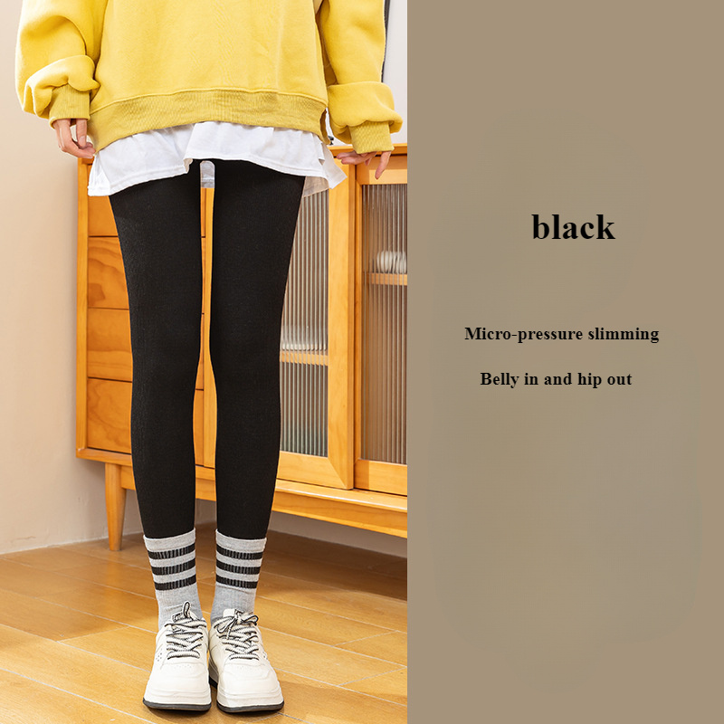 Image of 1pc High-waisted Slim-fitting Leggings, Solid Color Fabric, Women's Autumn And Winter Micro-compression Slim--piece Velvet Warm Pants With Vertical Ribbed Tights