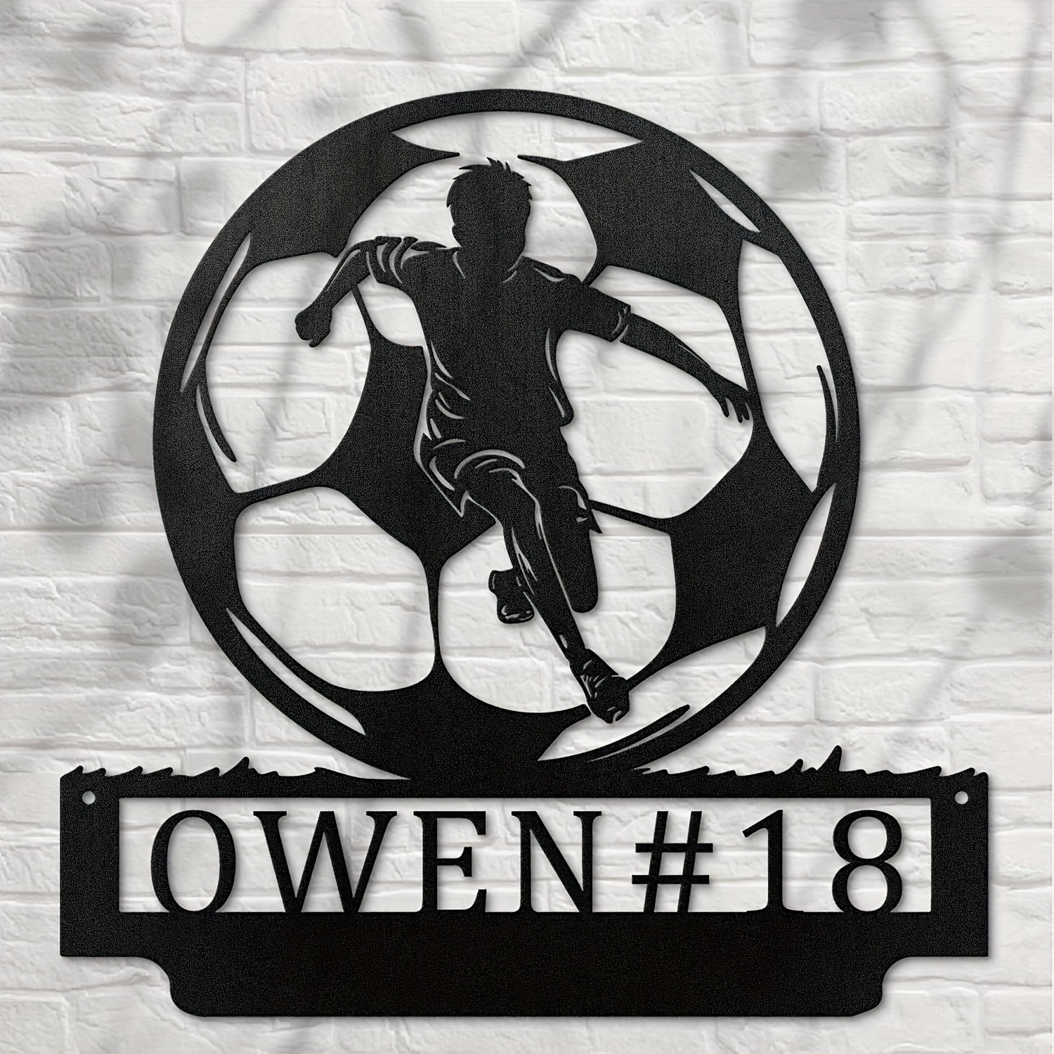 customized soccer player metal door hanger wall decor iron sports themed artwork for home personalized with name and number ideal for teen bedrooms man caves and party decorations black suitable   14 and up details 1