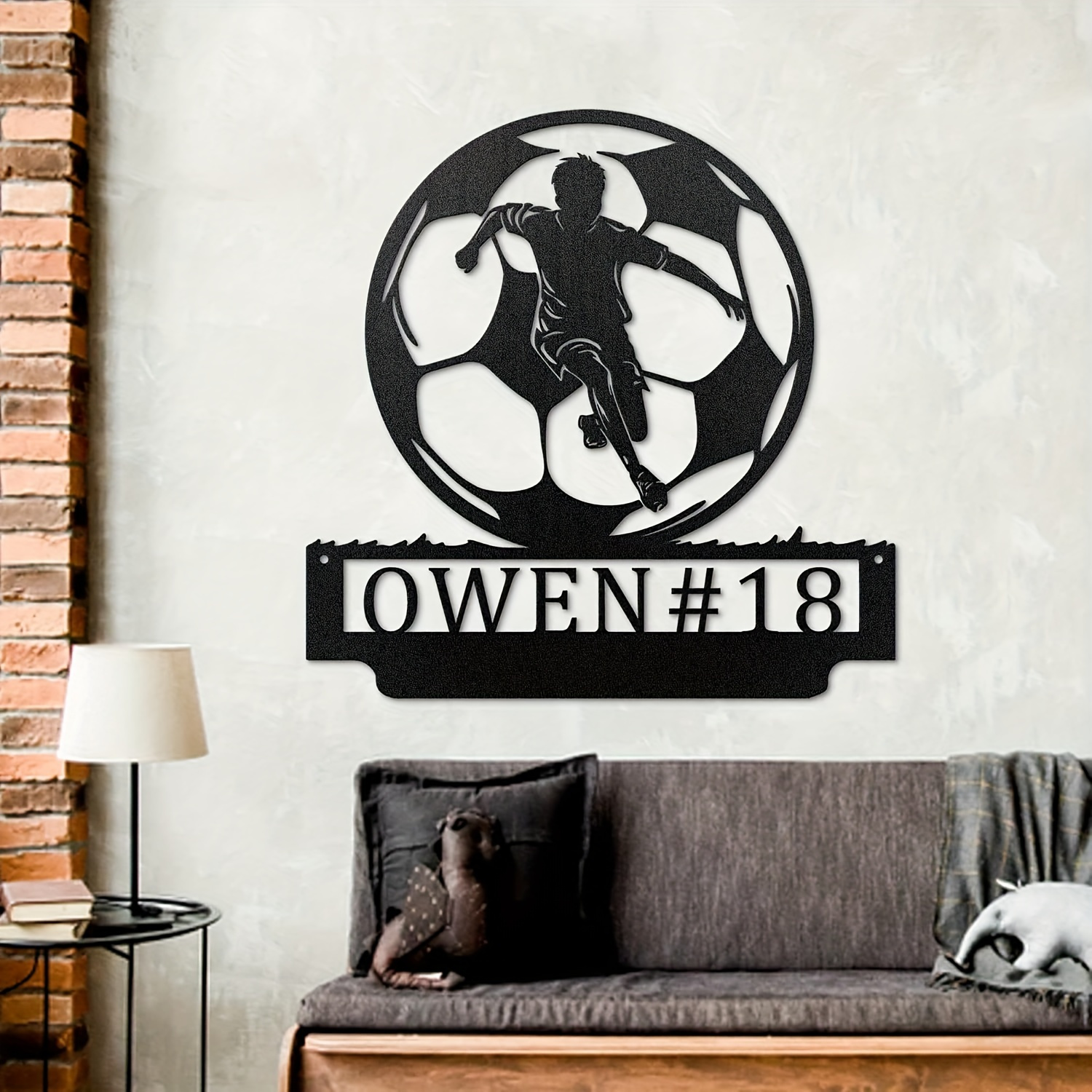 customized soccer player metal door hanger wall decor iron sports themed artwork for home personalized with name and number ideal for teen bedrooms man caves and party decorations black suitable   14 and up details 3