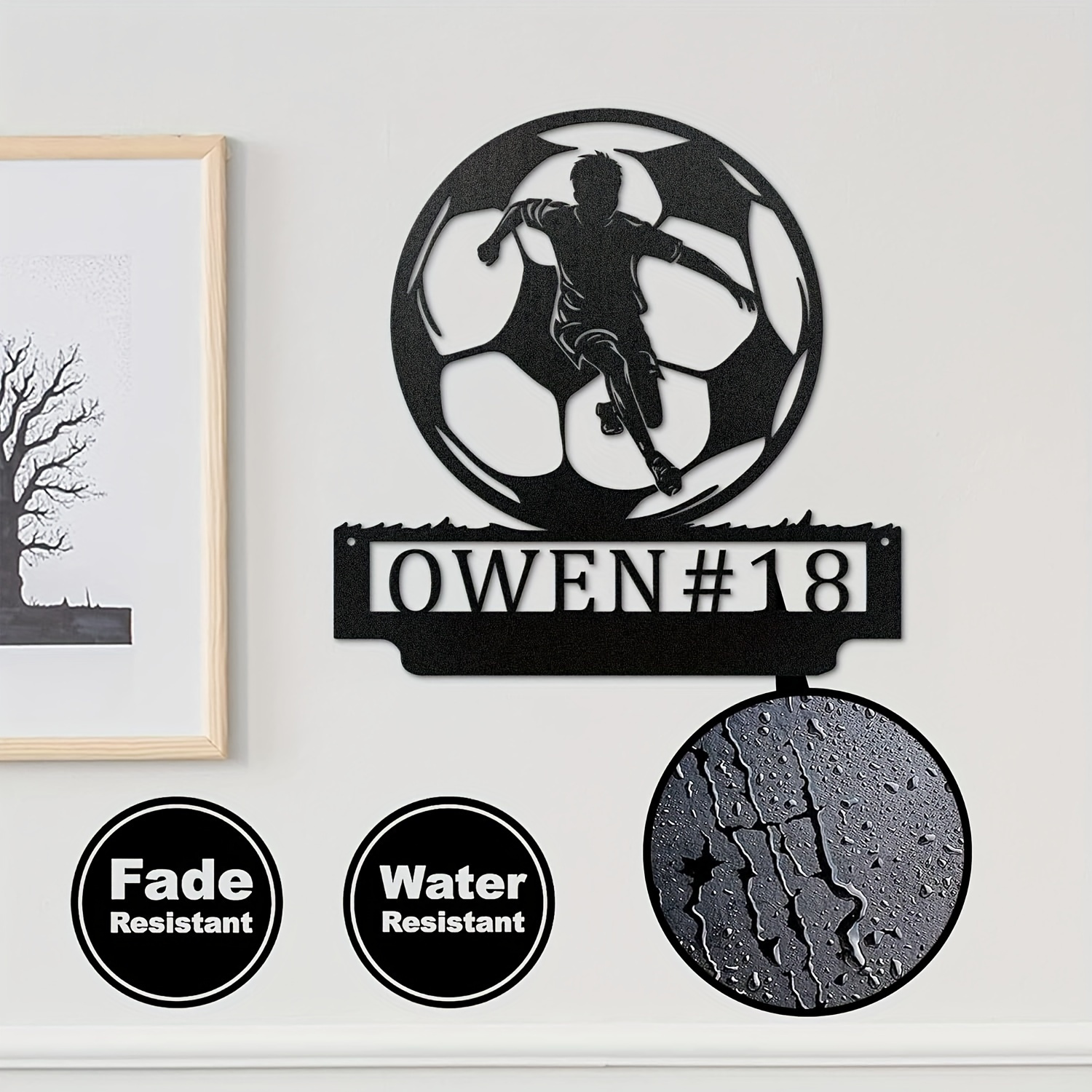 customized soccer player metal door hanger wall decor iron sports themed artwork for home personalized with name and number ideal for teen bedrooms man caves and party decorations black suitable   14 and up details 4