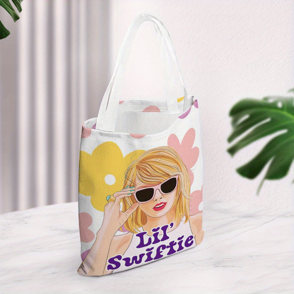 

1pc Cartoon Swiftie And Flowers Printed Pattern Canvas Tote Bag, Pack, Shopping, Cheap, And Repeated Use, Gifts , Family