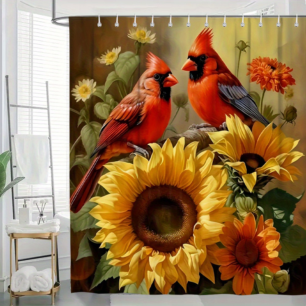 

1pc Sunflower And Bird Print Waterproof Bathroom With Hooks, Fashionable Polyester Bath Separator For Tub Decor, Modern , Housewarming Present, Hand Wash Woven Bath Screen Accessory Set