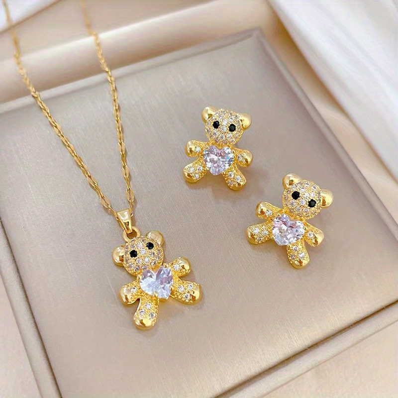 TEMU Ensemble 3 pièces en acier inoxydable avec collier cœur et ours, boucles d'oreilles, style INS français élégant et luxueux, tendance coréenne