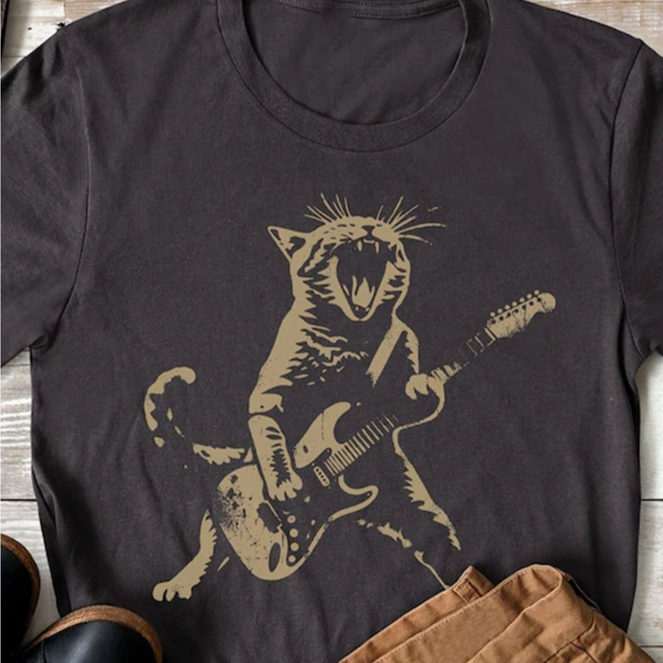 

Cat Guitar Print, Men's Round Neck Short-sleeved Cotton T-shirt, Casual And Comfortable , Men's Summer Trend Clothing