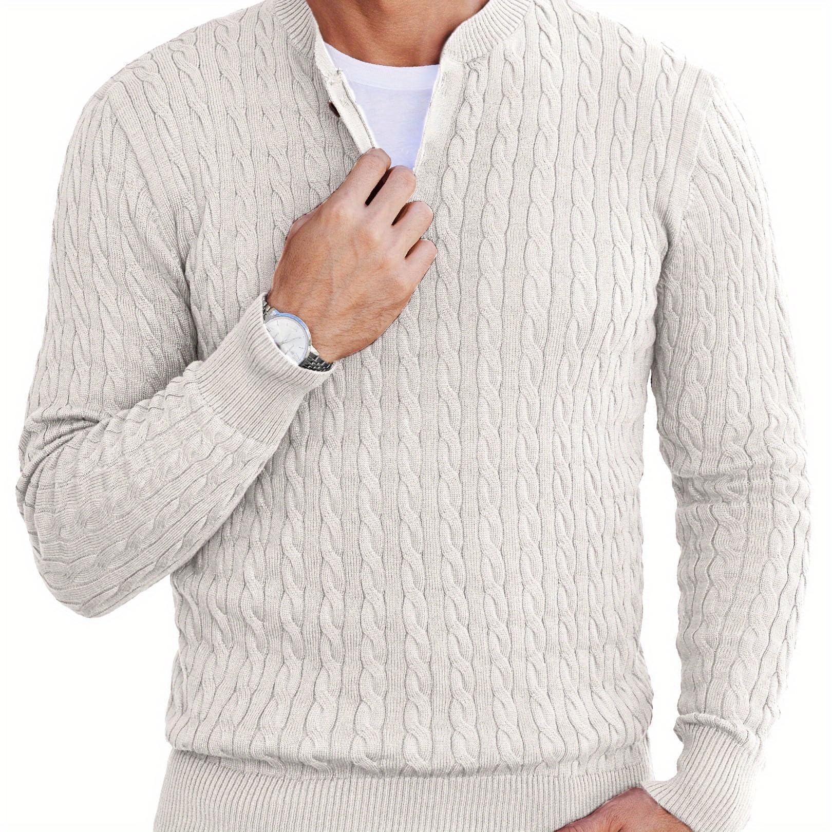 

Men Casual Knit Sweater Quarter Button Henley Long Sleeve Slim Fit Twisted Pullover Sweater