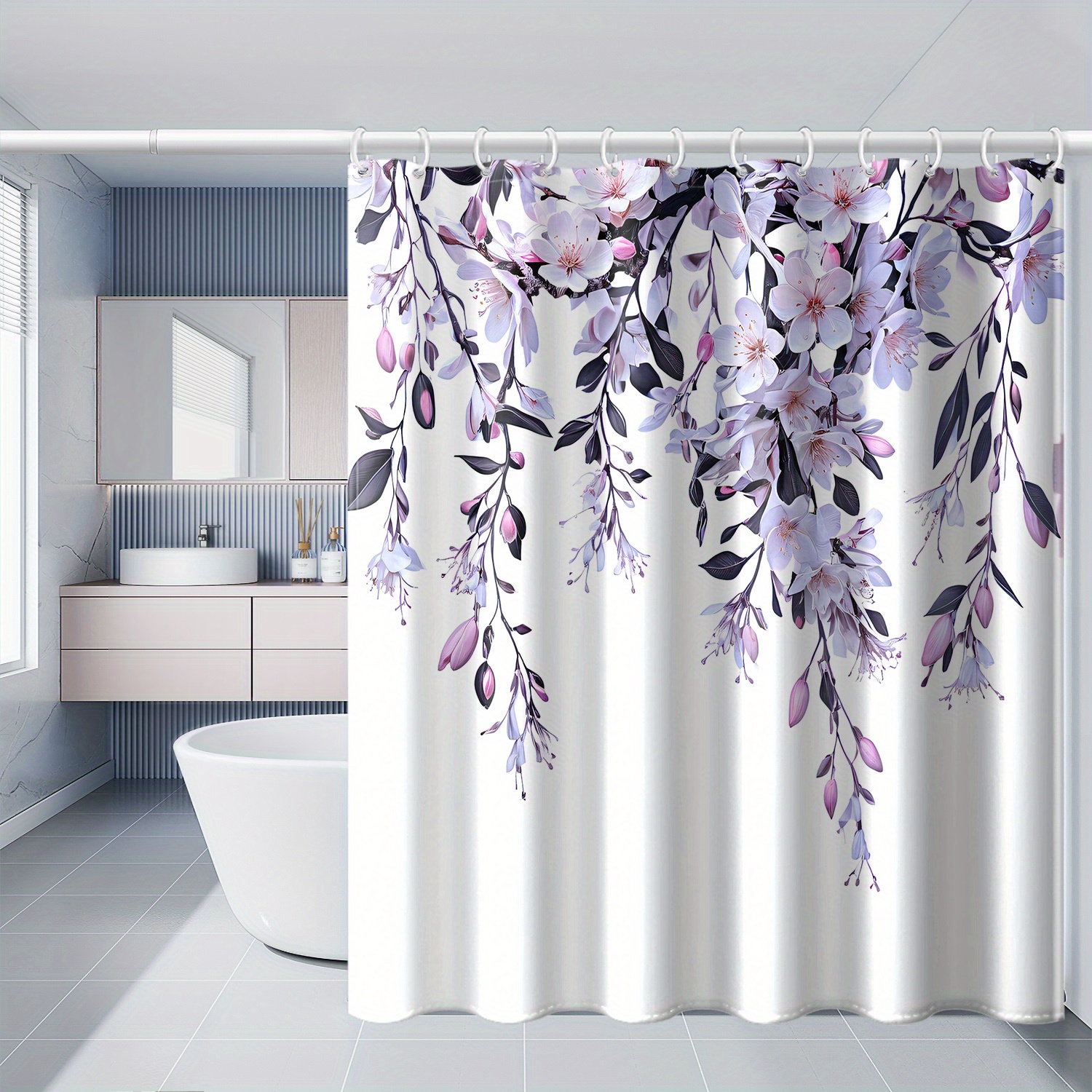 

Light Purple Floral Shower Curtain - Waterproof Polyester With Hooks, , All , 71x71 Inches