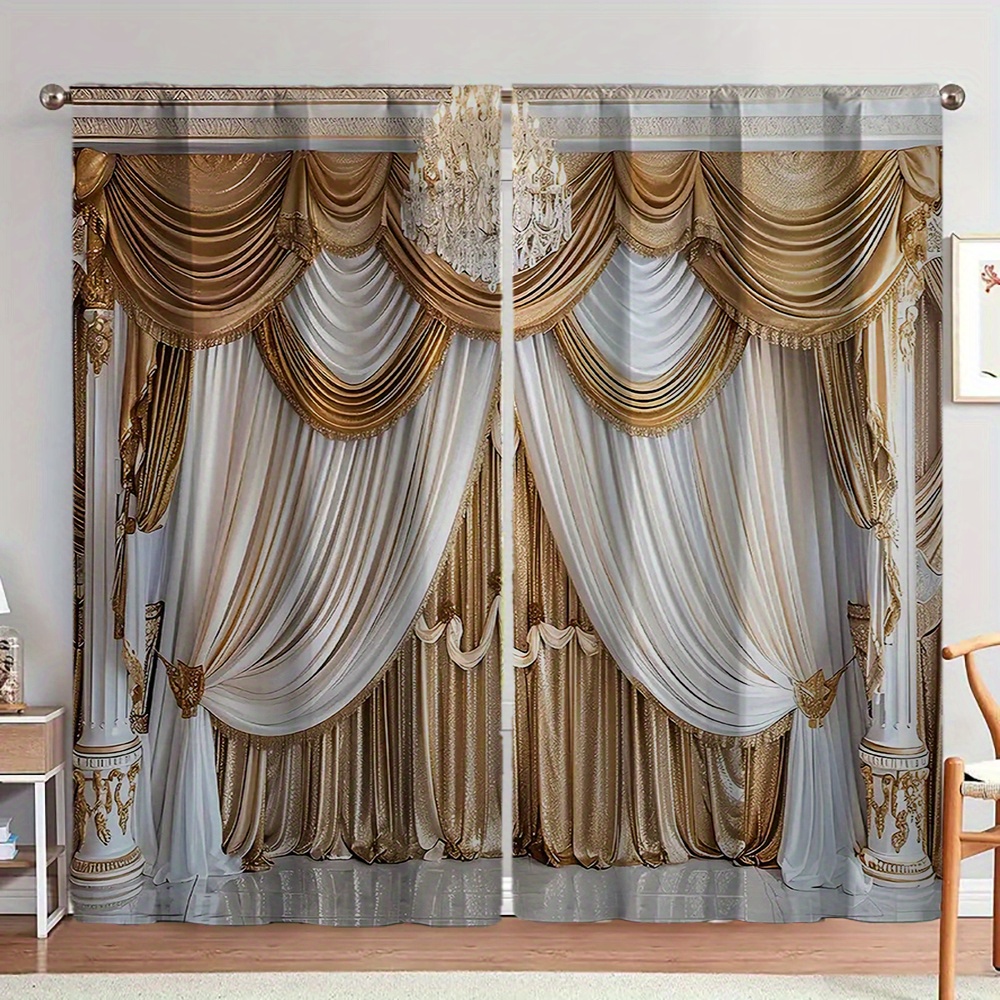 

2pcs Set Printed Curtains - Polyester, , For , , Dining & Bedroom Decor