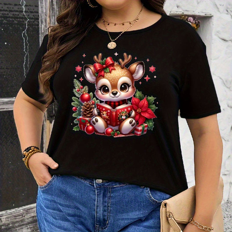 

Plus Size Christmas T-shirt - Polyester , Knit Fabric, Crew Neck, Short Sleeve, Slight Stretch, Geometric Pattern, Casual Pullover Top For Spring/summer