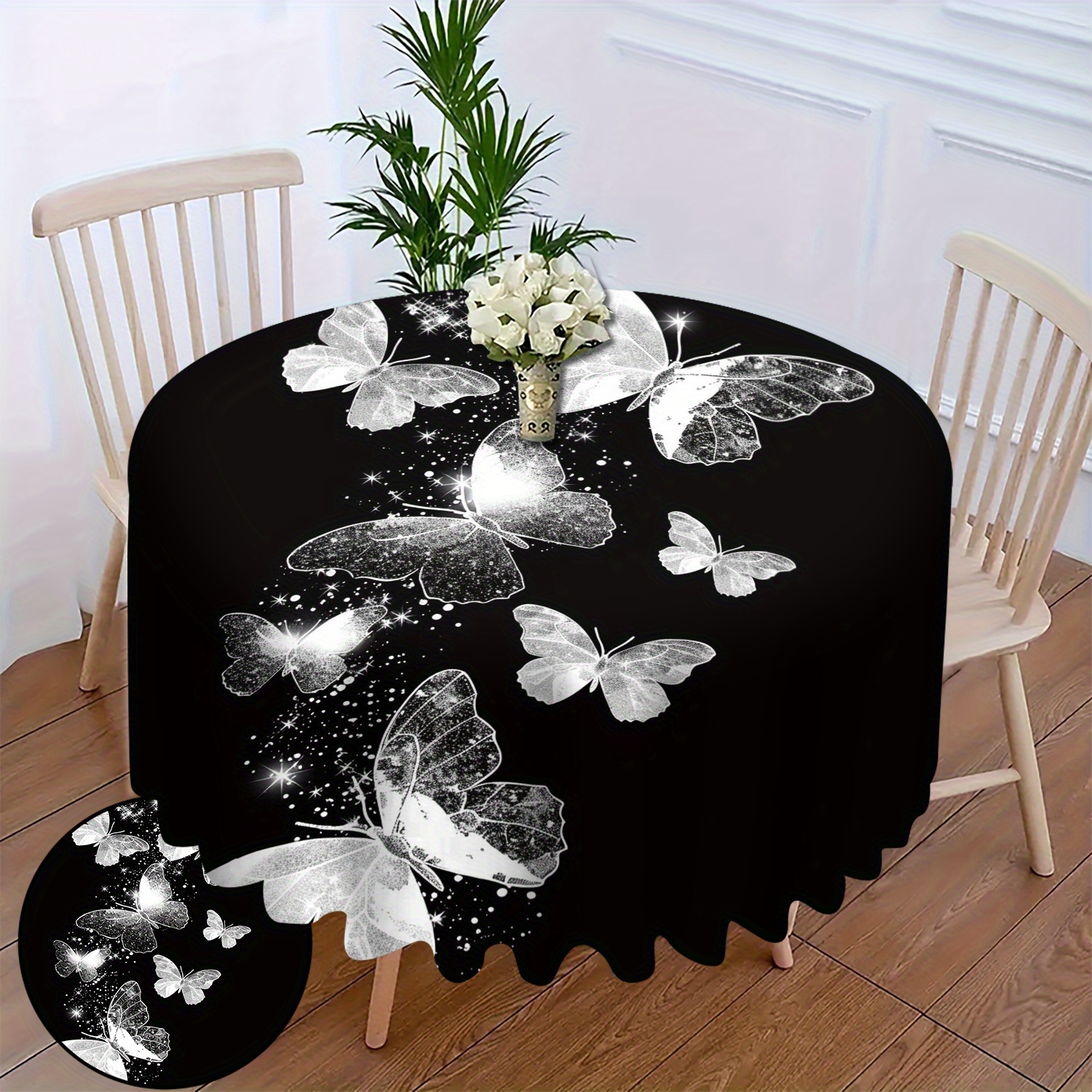 

Elegant Black & Round Tablecloth - Polyester, Dust-proof Cover For Living Room And Dining Decor