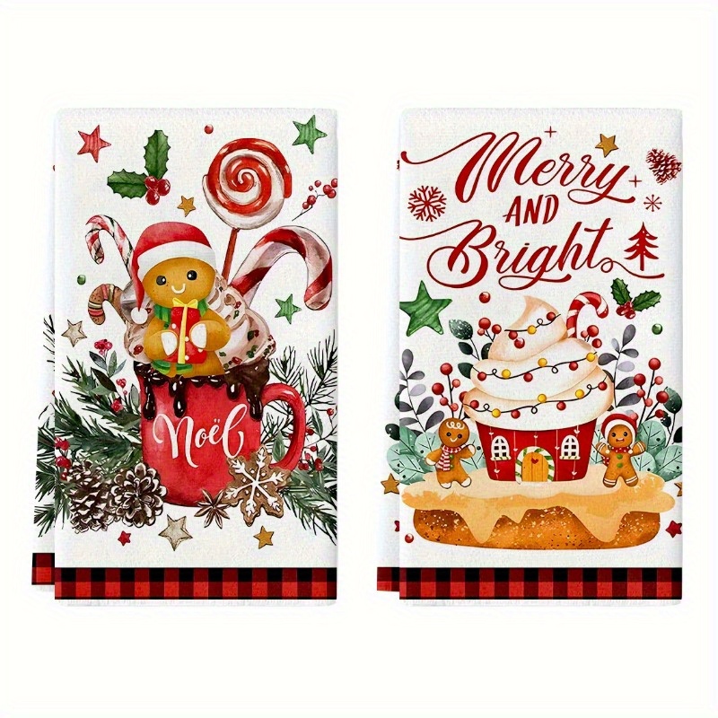 

2-piece Set Modern Cartoon Gingerbread Polyester Dish Towels - Super Tea Towels, Machine Washable Oblong Dish Cloths, Christmas Theme Cooking Towels, 18x26 Inches