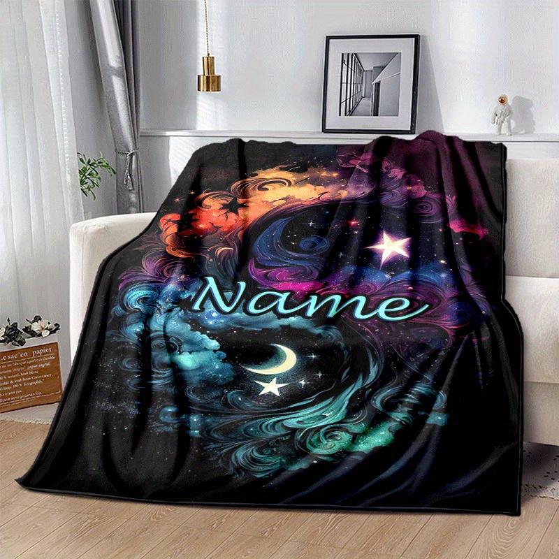 

Personalized Star And Moon Name Blanket - Soft, Warm For Couch, Cartoon Design, Bed, Outdoor Use - Perfect Gift For Christmas, Birthday, Holiday.christmas Decor