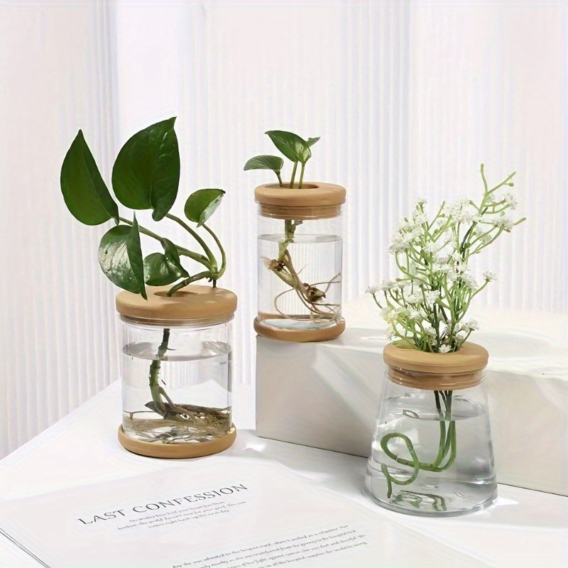 

3pcs, Hydroponic Vase, Clear Plastic Pot, 3.5 Wooden Lid, Small Pot For Decoration