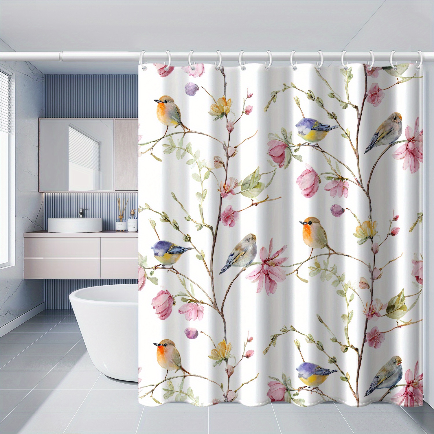 

Bird & Floral Print Shower Curtain - Waterproof Polyester With Hooks, , All , 71x71 Inches