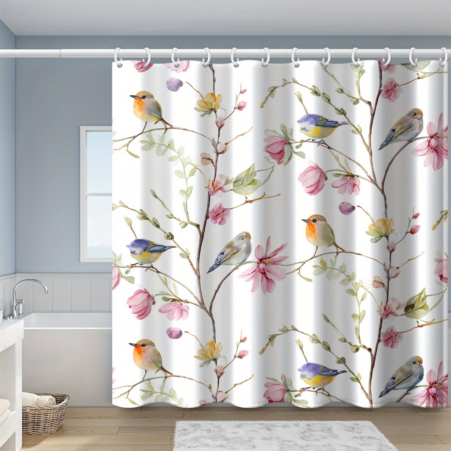 E-shop 1 Stück Blumenzweig-Vogel-Druck Duschvorhang mit Haken, Polyesterstoff, für Fenster und Wände, Badewanne, Badezimmer-Dekoration, ganzjähriger