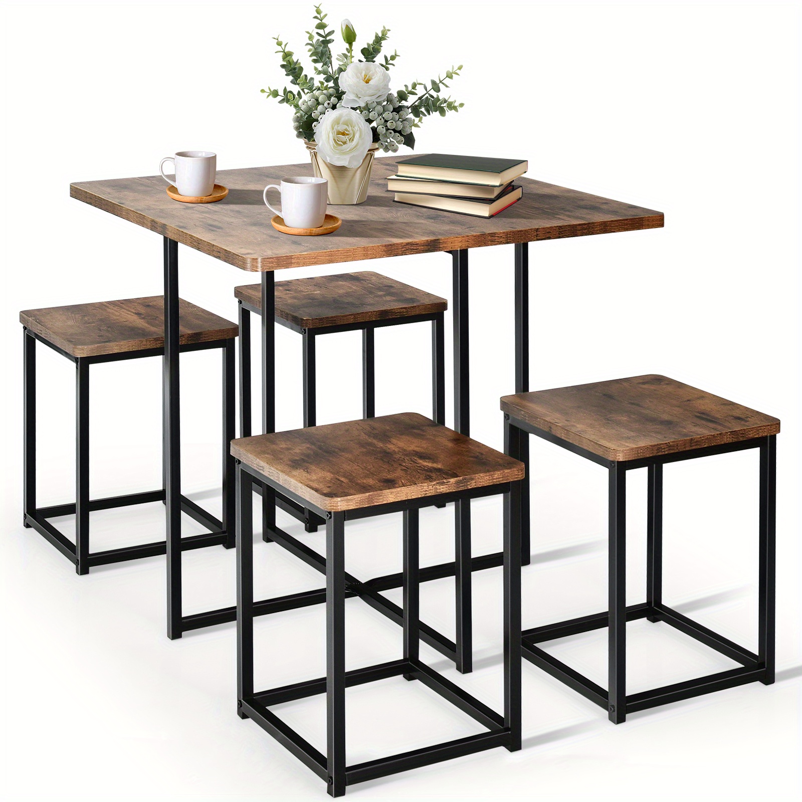 TEMU 5pcs Goplus Space-saving Modern Dining Table & Chair Set For 4 With 4-stool Table, Compact Square Mdf Wood Tabletop &, Kitchen Furniture For
