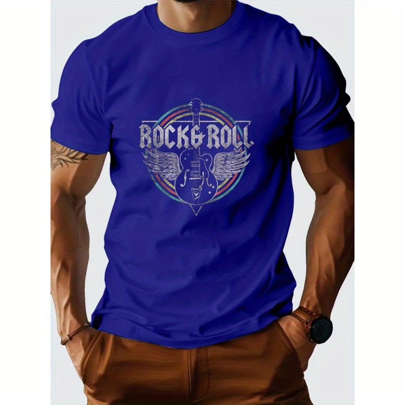 

Rock And Roll Electric Guitar With Wings Print, Men's Casual Round Neck Short Sleeve T-shirt, Outdoor Comfy Top For Summer