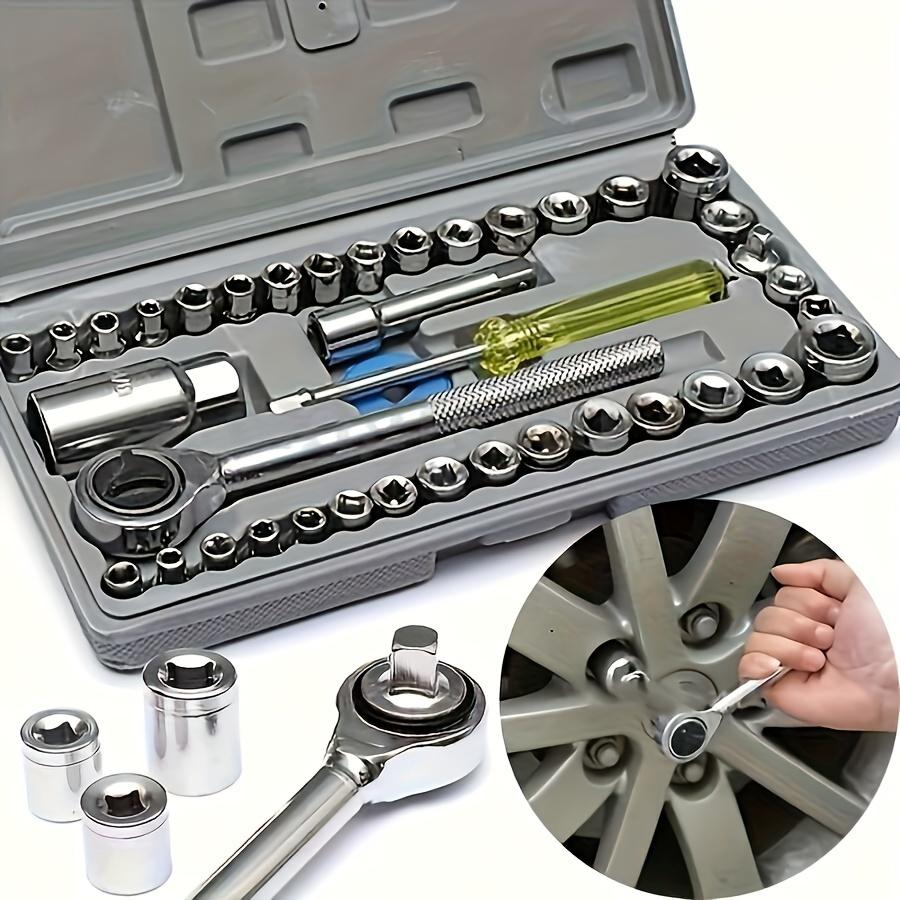 TEMU 40pcs Heavy-duty Chrome Vanadium Steel Socket Wrench Set - -one Tool Kit With Sae And Metric Sockets, Extension Bars, Ratchet Wrench, Impact