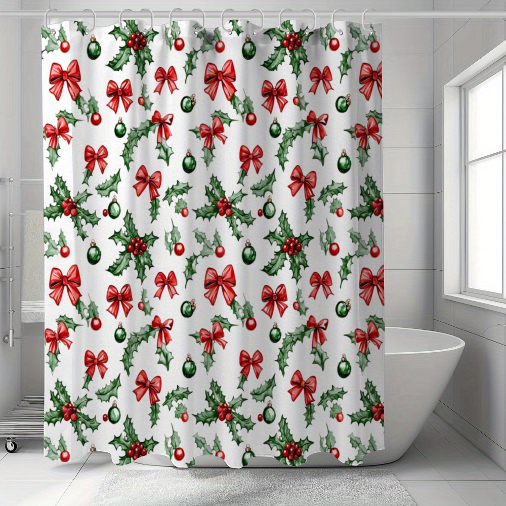 

Holiday Bath Accessory: 1pc Christmas Holly Leaves Waterproof Bathroom - Polyester, Satin Weave, Water-resistant With Hooks, Machine Washable - Ideal For Home Decor (includes 12 Hooks)