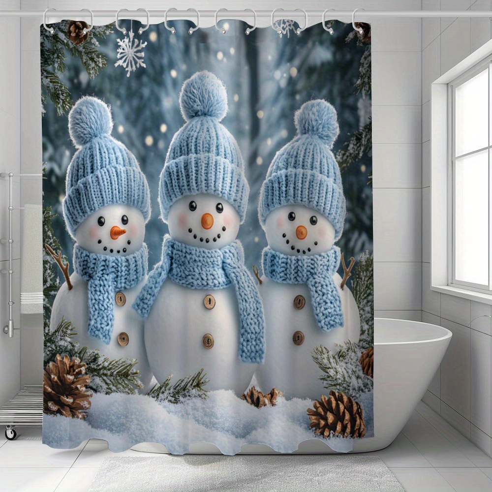 

Merry Christmas Snowman Shower Curtain - Waterproof, Machine Washable With 12 Hooks Included - Bathroom Decor & Holiday Gifts, Christmas Shower Curtain