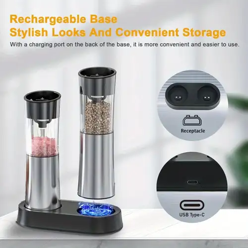Electric Salt And Pepper Grinder Set - Automatic Rechargeable Mill With LED Light, Adjustable Coarseness