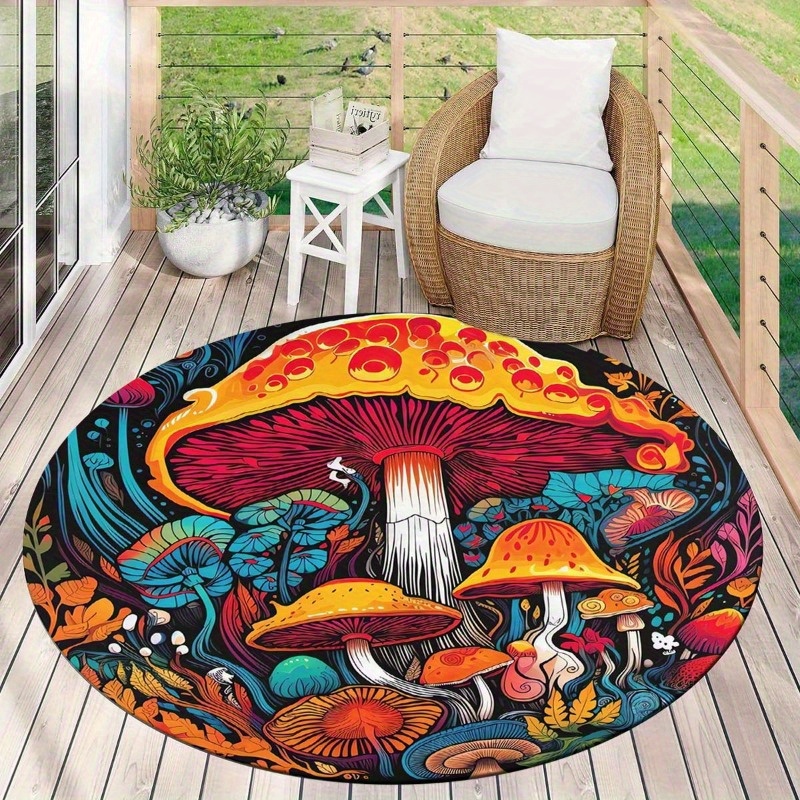 

Mushroom Pattern Round Rug - Machine Washable Polyester, Indoor & Outdoor Decor, Ideal For And Bedrooms