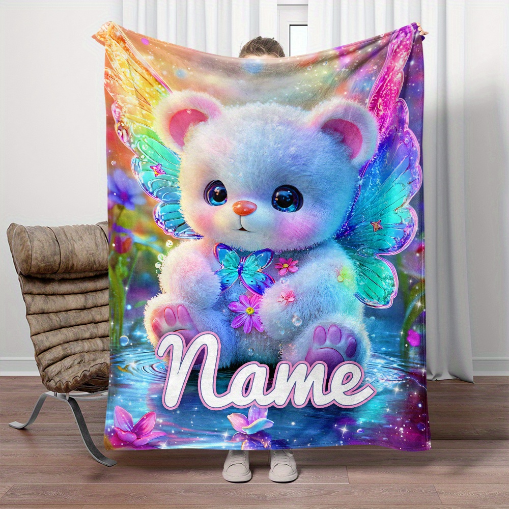 

Personalized Teddy Bear & Elf Print Flannel Throw Blanket - Soft, Lightweight & Warm For Couch, Bed, Travel & Camping - Custom Name Option, Wearable Blanket