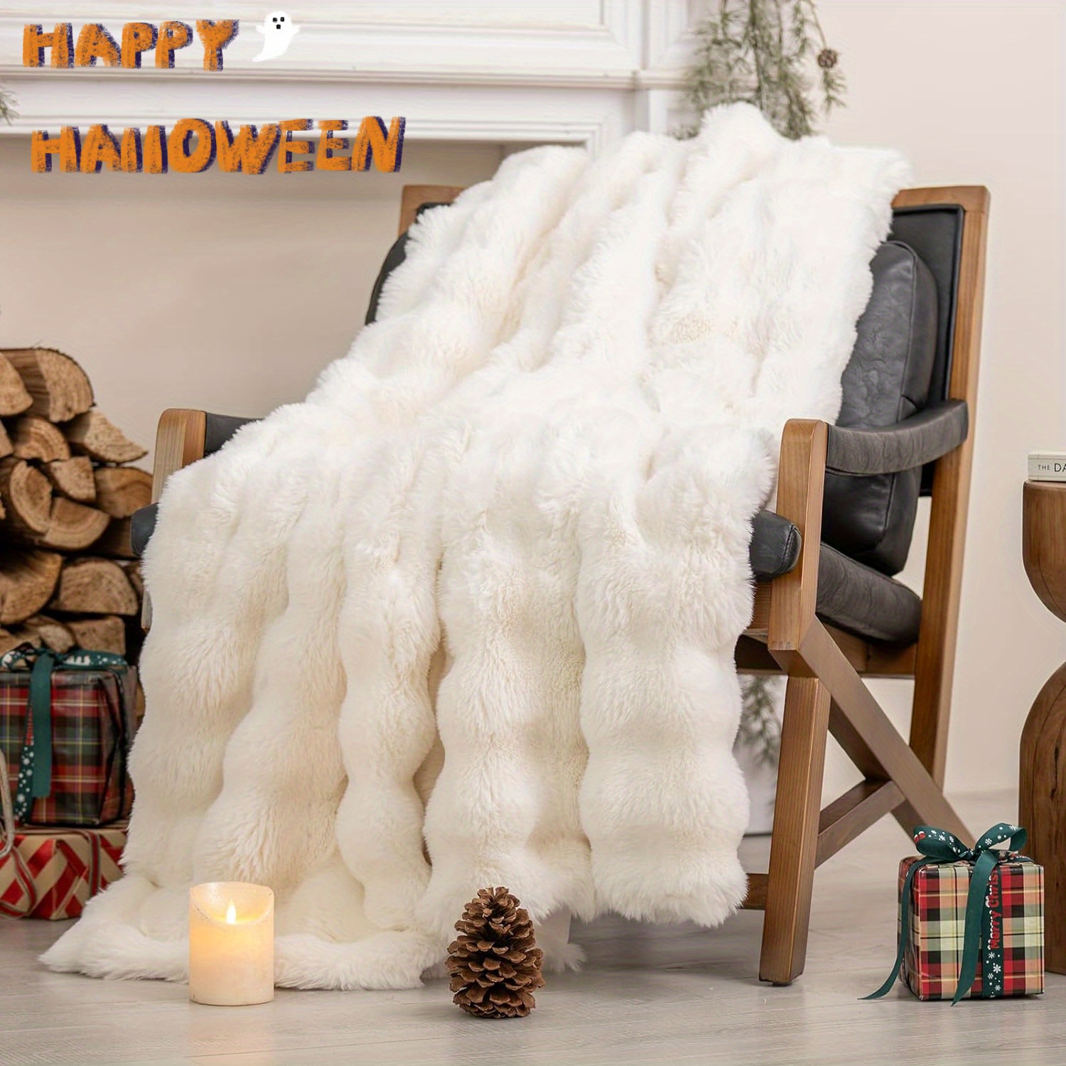 

Halloween Luxury Fluffy Rabbit Fur Throw Blanket, Warm Throw For Bed, Reversible Blankets For Couch, Chair, Sofa,