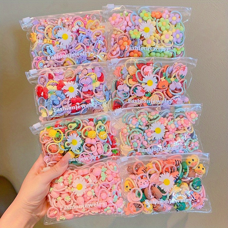 TEMU 50pcs Cartoon Hair Ring Set - Suitable For Women And Girls' Ponytails, Colorful Hair Accessories Set, Holiday Gift