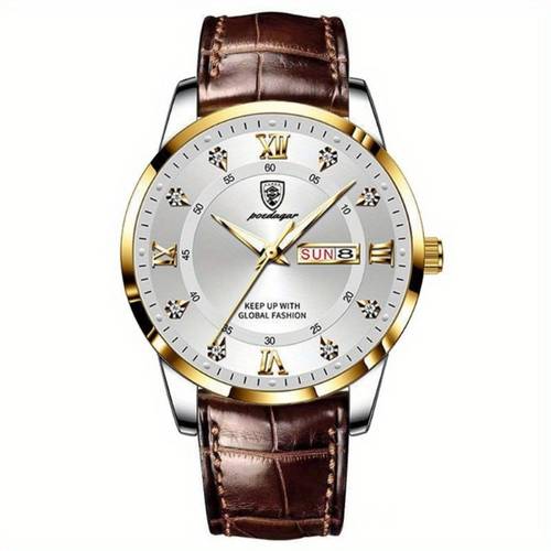 1pc mens casual quartz watch with luminous hands date display leather strap and alloy case electronic movement youth wristwatch