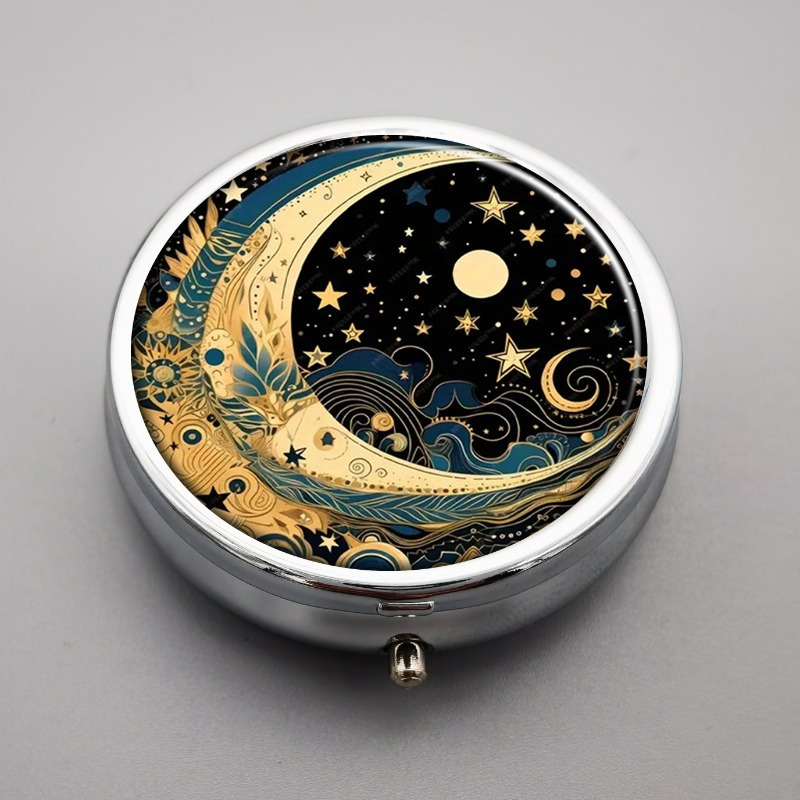 

1pc Celestial Moon And Stars Pill Case - -compartment Metal Pill Organizer, Portable Vitamin Container For Pocket Or Purse, Decorative Medicine Storage Box, Unique Gift