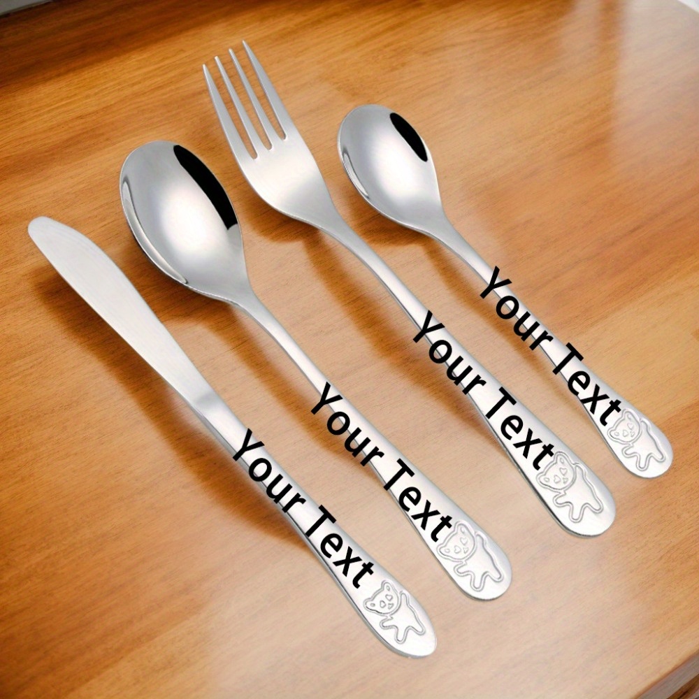 

4pcs, Personalized Stainless Steel Cutlery Set, Customizable Name & Date, Knife, Fork, Spoon & Teaspoon For Kids & Parties