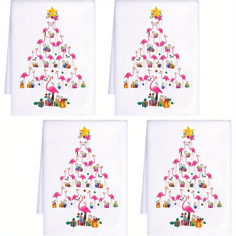 

Merry Christmas 4pcs Towel Set - Polyester, Flamingo & For Kitchen And Bathroom Decor, Machine Washable, Perfect Housewarming Gift, 18x26 Inches