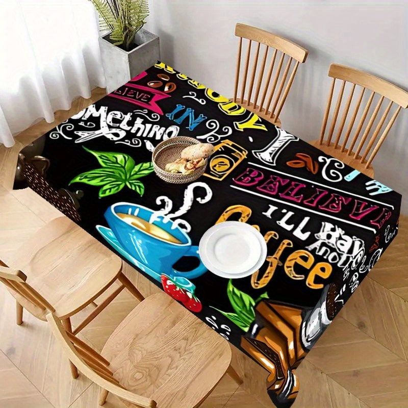 

Chic Coffee & Text Design Tablecloth - Waterproof, Wrinkle-free Polyester, Stain-resistant For Parties, Dining Decor & Outdoor Use