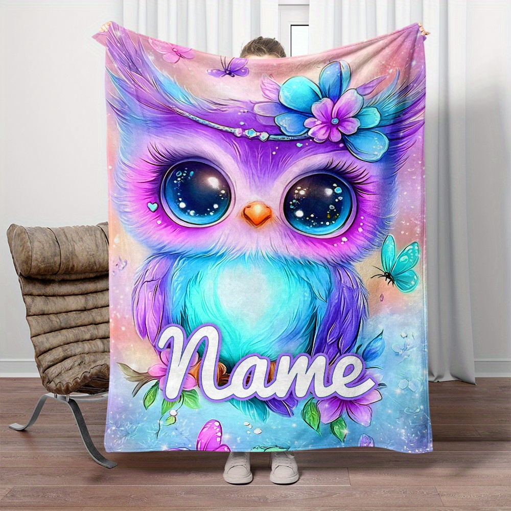 

Personalized Cute Owl Print Flannel Blanket - Soft, Lightweight & Warm Throw With Custom Name Option - Ideal For Sofa, Bed, Travel, Camping - Vibrant In Multiple Sizes