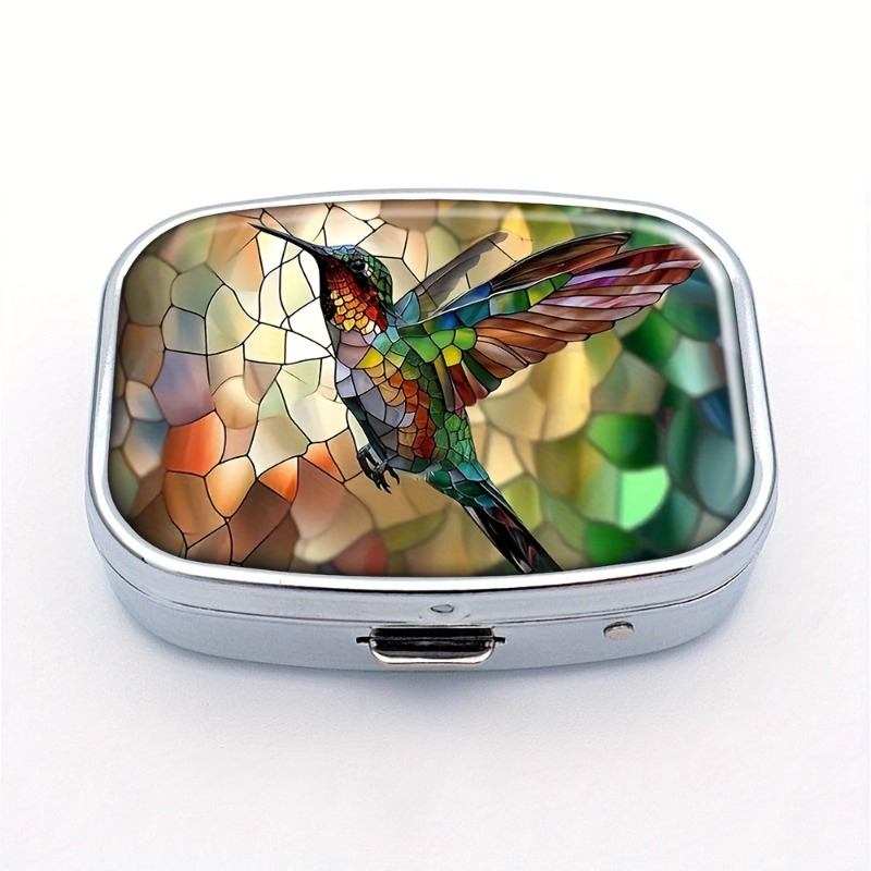 

Stained Glass Hummingbird Pill Box - 2-compartment Portable Medicine Case, Travel Vitamin Organizer, Mini Purse Pill Holder With Vibrant , 1.67x2.20 Inches