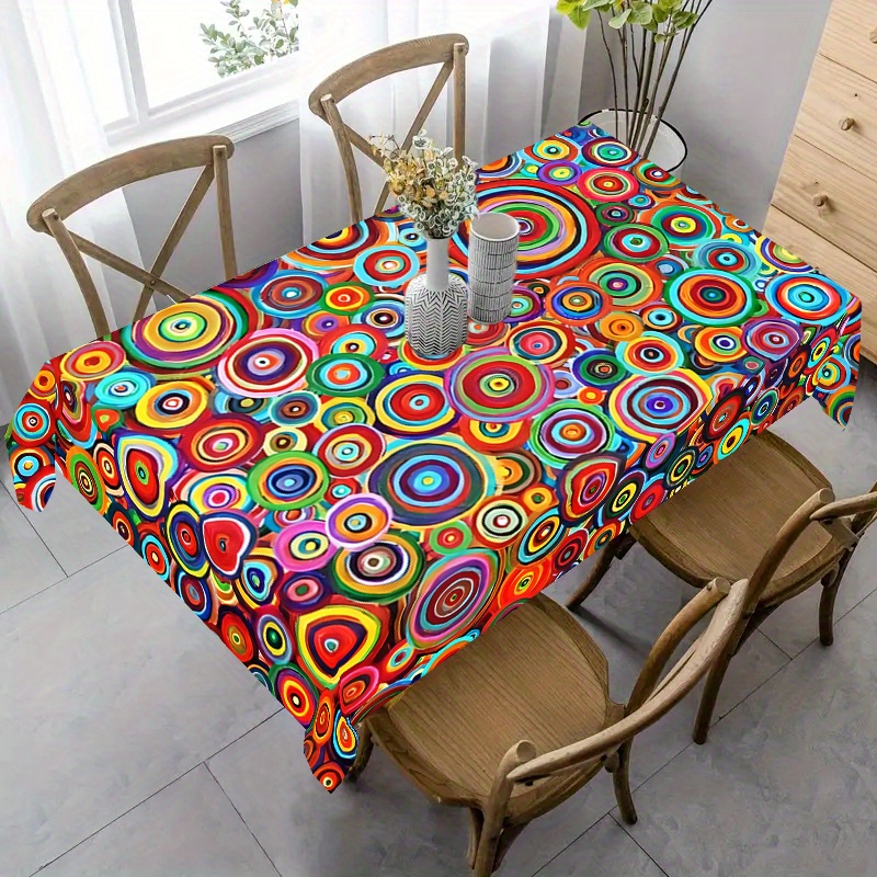 

Housse de table en polyester imperméable - Tissée à , plis et résistante aux taches, couverture carrée pour salle à manger, fête, maison et décoration extérieure avec design de cercle coloré