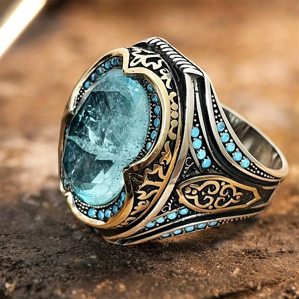 

Handcrafted Vintage Turkish Blue Cubic Zirconia Ring-, Antique Silvery , Fashionable Jewelry