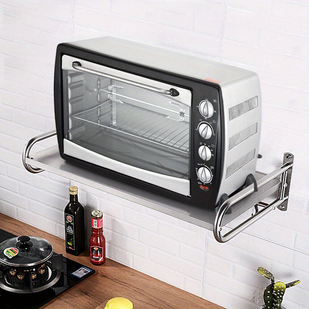 Image of Wall-mounted Microwave Shelf Stainless Steel 2-tier Shelf , With 6 Hooks, Suitable For Kitchen/study//dining Room/bathroom