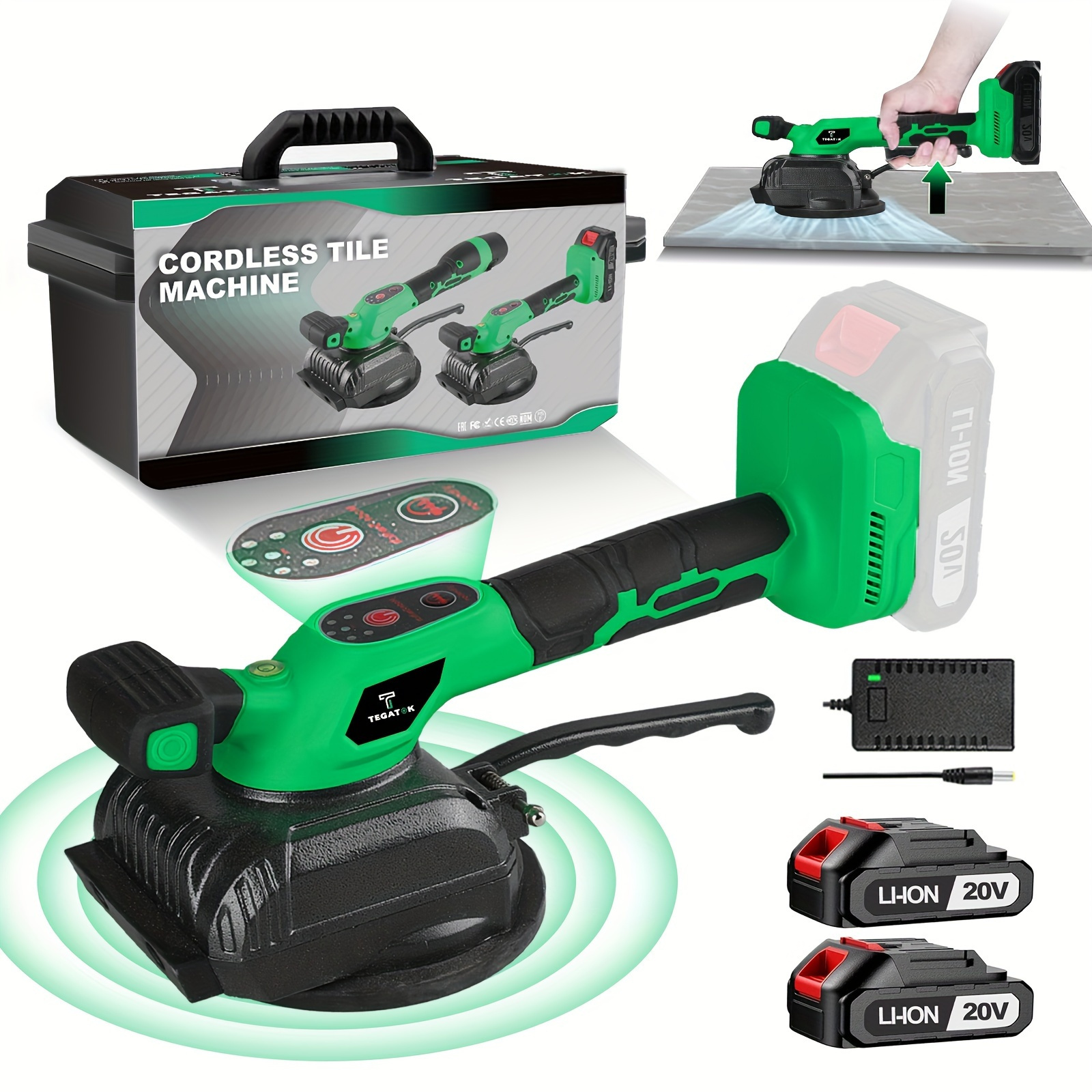 

1pc Tegatok 20v Cordless Tile Laying Machine, High Power Paving Tool With Dual-use Battery/, Iron Construction, Us Plug, Includes 2x2.0ah Lithium Batteries, For Professional & Diy Projects