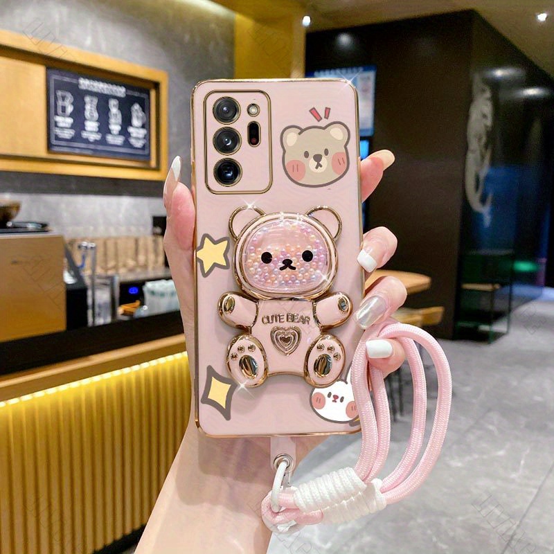 TEMU Phone Case - Cartoon Bear Wrist Strap Phone Holder Case For Galaxy Note 20 Ultra Galaxynote20ultra Stand Back Cover