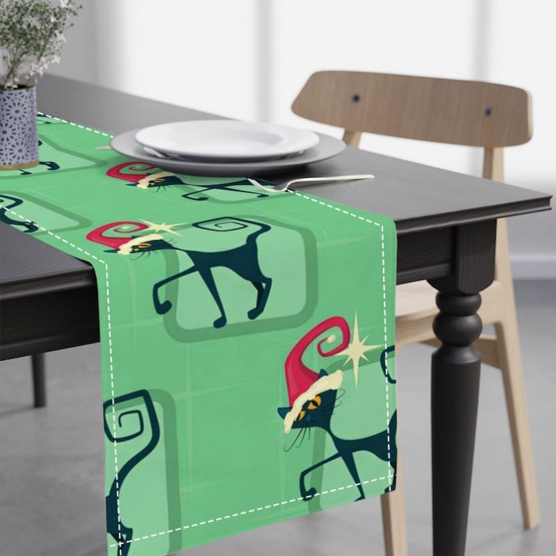 

1pc, Christmas Table Runner, Vintage Mid-century , Green Kitsch Black Cat Pattern, Polyester, Rectangular, Woven, Retro Kitchen Decor, Holiday Tablecloth For Home Dining Room