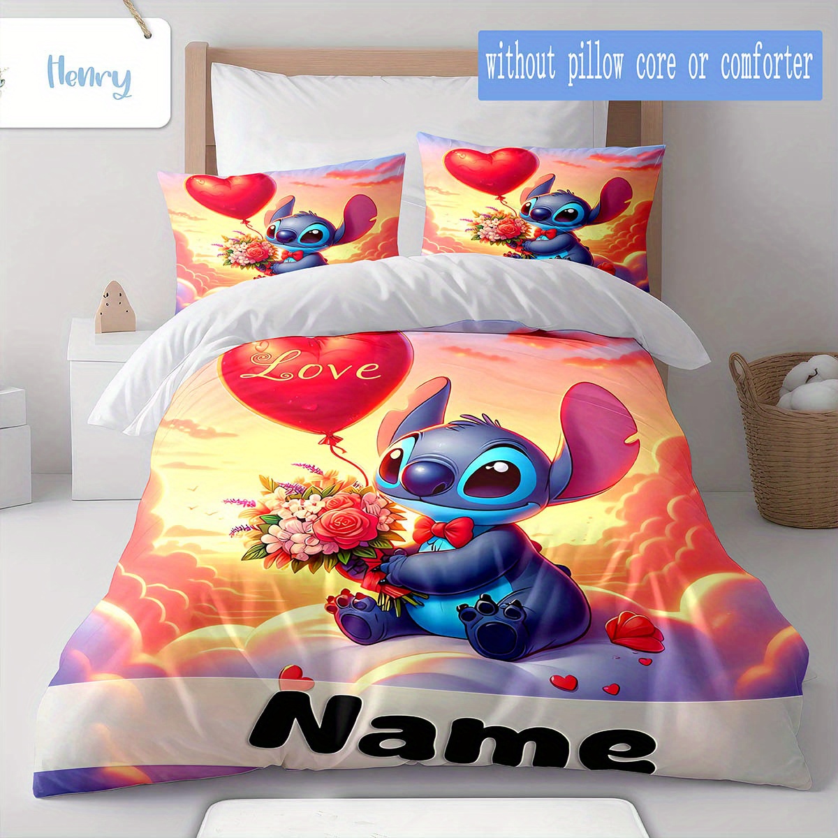 

3d Name Custom Bedding Stitch Holding Flowers And Love Balloons Print Cover Cartoon Quilt Cover For Bedroom Decor Bedclothes Christmas Gifts(1 * Duvet 2 * Pillowcase, Without )